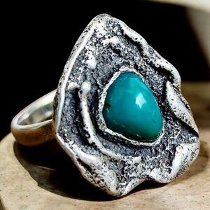 VTG Sterling Silver 925 Brutalist Sand Cast Green Cabochon Stone Ring Sz 7.25